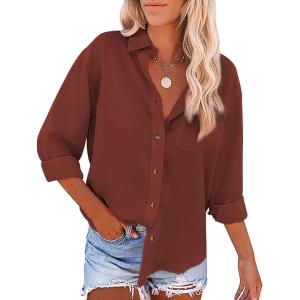 imageWomens Casual Linen Cotton Button Down Long Sleeve Shirts VNeck Collared Work Summer Blouse Tops with PocketsBrick Red