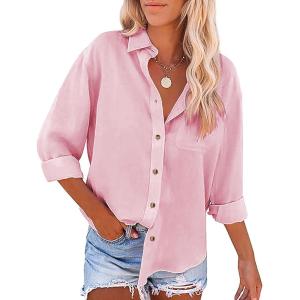 imageWomens Casual Linen Cotton Button Down Long Sleeve Shirts VNeck Collared Work Summer Blouse Tops with PocketsPink