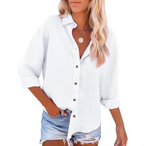 imageWomens Casual Linen Cotton Button Down Long Sleeve Shirts VNeck Collared Work Summer Blouse Tops with PocketsWhite