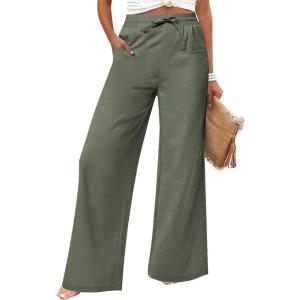 imageWomens Casual Linen Wide Leg Pants with Pockets Boho Palazzo High Waisted Drawstring Lounge TrousersArmy Green