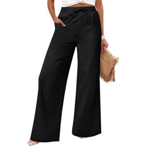 imageWomens Casual Linen Wide Leg Pants with Pockets Boho Palazzo High Waisted Drawstring Lounge TrousersBlack