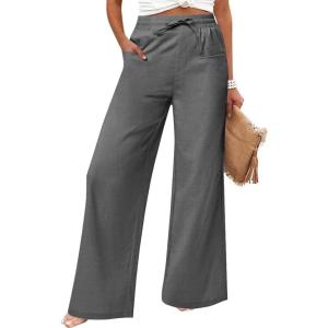 imageWomens Casual Linen Wide Leg Pants with Pockets Boho Palazzo High Waisted Drawstring Lounge TrousersGrey