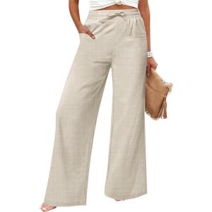 imageWomens Casual Linen Wide Leg Pants with Pockets Boho Palazzo High Waisted Drawstring Lounge TrousersKhaki
