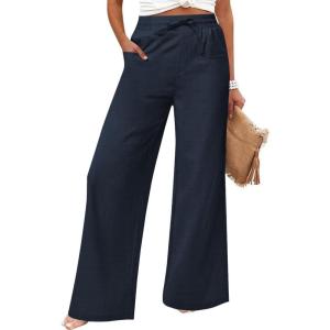 imageWomens Casual Linen Wide Leg Pants with Pockets Boho Palazzo High Waisted Drawstring Lounge TrousersNavy