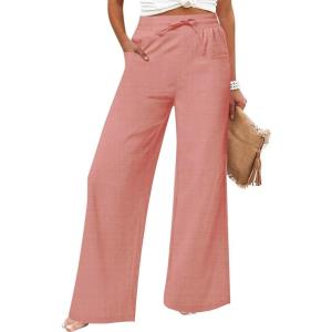 imageWomens Casual Linen Wide Leg Pants with Pockets Boho Palazzo High Waisted Drawstring Lounge TrousersPink