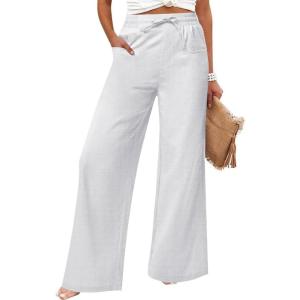 imageWomens Casual Linen Wide Leg Pants with Pockets Boho Palazzo High Waisted Drawstring Lounge TrousersWhite
