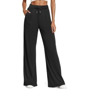 imageWomens Casual Pants with Drawstring Lightweight Wide Leg Pants High Waisted SlacksBlack