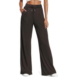 imageWomens Casual Pants with Drawstring Lightweight Wide Leg Pants High Waisted SlacksBrown
