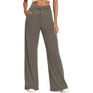 imageWomens Casual Pants with Drawstring Lightweight Wide Leg Pants High Waisted SlacksLight Coffee