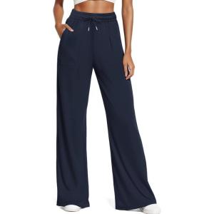 imageWomens Casual Pants with Drawstring Lightweight Wide Leg Pants High Waisted SlacksNavy Blue