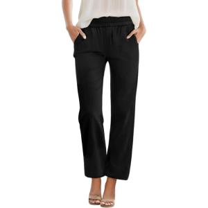 imageWomens Casual Summer Straight Leg Pants Elastic High Waist Beach Capris with PocketsBlack