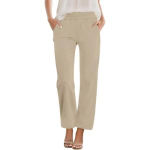 imageWomens Casual Summer Straight Leg Pants Elastic High Waist Beach Capris with PocketsKhaki