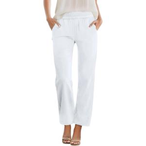 imageWomens Casual Summer Straight Leg Pants Elastic High Waist Beach Capris with PocketsWhite