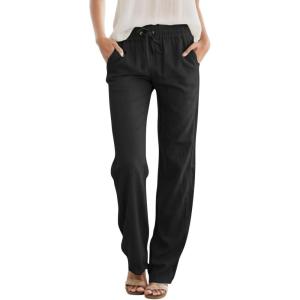 imageWomens High Waist Summer Casual Pants Drawstring Straight Leg Beach Vacation Lounge Trousers with PocketsBlack