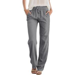 imageWomens High Waist Summer Casual Pants Drawstring Straight Leg Beach Vacation Lounge Trousers with PocketsGrey