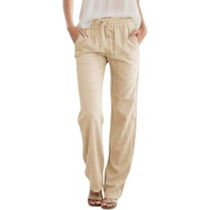 imageWomens High Waist Summer Casual Pants Drawstring Straight Leg Beach Vacation Lounge Trousers with PocketsKhaki