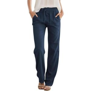 imageWomens High Waist Summer Casual Pants Drawstring Straight Leg Beach Vacation Lounge Trousers with PocketsNavy