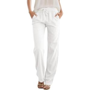 imageWomens High Waist Summer Casual Pants Drawstring Straight Leg Beach Vacation Lounge Trousers with PocketsWhite