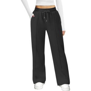 imageWomens Wide Leg Sweatpants Casual Loose Solid Pants Comfy Lounge Joggers Baggy SweatpantsBlack