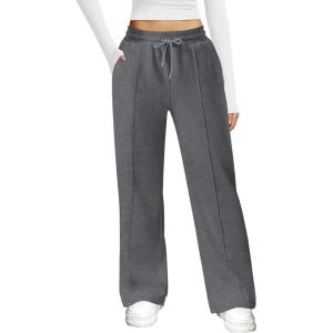 imageWomens Wide Leg Sweatpants Casual Loose Solid Pants Comfy Lounge Joggers Baggy SweatpantsDark Grey