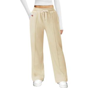 imageWomens Wide Leg Sweatpants Casual Loose Solid Pants Comfy Lounge Joggers Baggy SweatpantsKhaki
