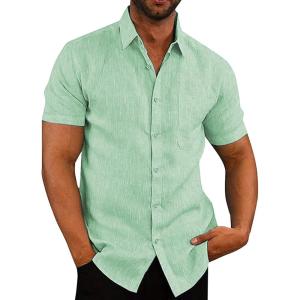 imageMens Linen Shirts Button Down Casual Shirts Short Sleeve Beach Summer Tops with PocketLight Green