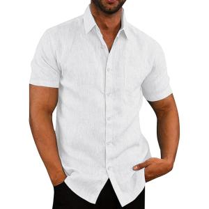 imageMens Linen Shirts Button Down Casual Shirts Short Sleeve Beach Summer Tops with PocketSnow White
