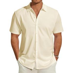 imageMens Short Sleeve Dress Shirts Stretch Wrinkle Free Casual Button Down Solid Formal TopAbeige