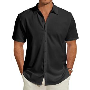 imageMens Short Sleeve Dress Shirts Stretch Wrinkle Free Casual Button Down Solid Formal TopAblack