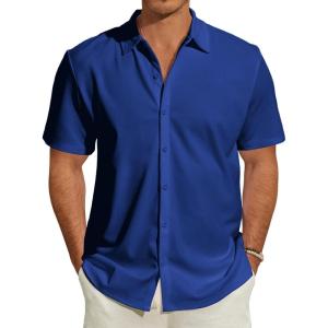 imageMens Short Sleeve Dress Shirts Stretch Wrinkle Free Casual Button Down Solid Formal TopAclassic Blue