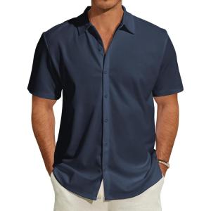 imageMens Short Sleeve Dress Shirts Stretch Wrinkle Free Casual Button Down Solid Formal TopAnavy
