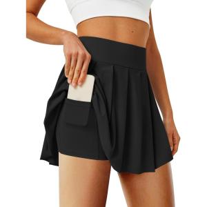 imagePleated Tennis Skater Skirts for Women with Inner Shorts Pockets Sports Mini Skirt Flowy Golf Athletic Workout SkortBlack