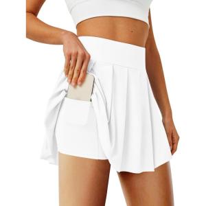 imagePleated Tennis Skater Skirts for Women with Inner Shorts Pockets Sports Mini Skirt Flowy Golf Athletic Workout SkortWhite
