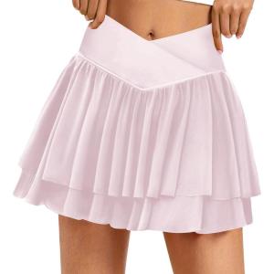 imageTennis Skirts for Women Crossover High Waisted Lightweight Pleated Ruffle Mini Workout Skorts with PocketsPink