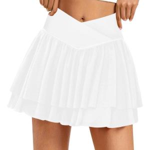 imageTennis Skirts for Women Crossover High Waisted Lightweight Pleated Ruffle Mini Workout Skorts with PocketsWhite