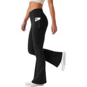 imageWomens Flare Yoga Pants with Pockets High Waist Casual Bell Bottom Bootcut LeggingsBlack