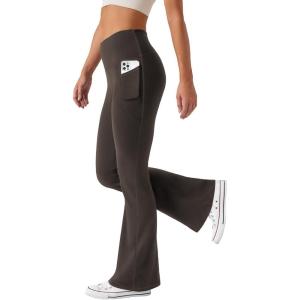 imageWomens Flare Yoga Pants with Pockets High Waist Casual Bell Bottom Bootcut LeggingsBrown