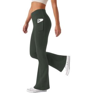imageWomens Flare Yoga Pants with Pockets High Waist Casual Bell Bottom Bootcut LeggingsDark Green