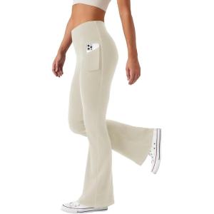 imageWomens Flare Yoga Pants with Pockets High Waist Casual Bell Bottom Bootcut LeggingsKhaki
