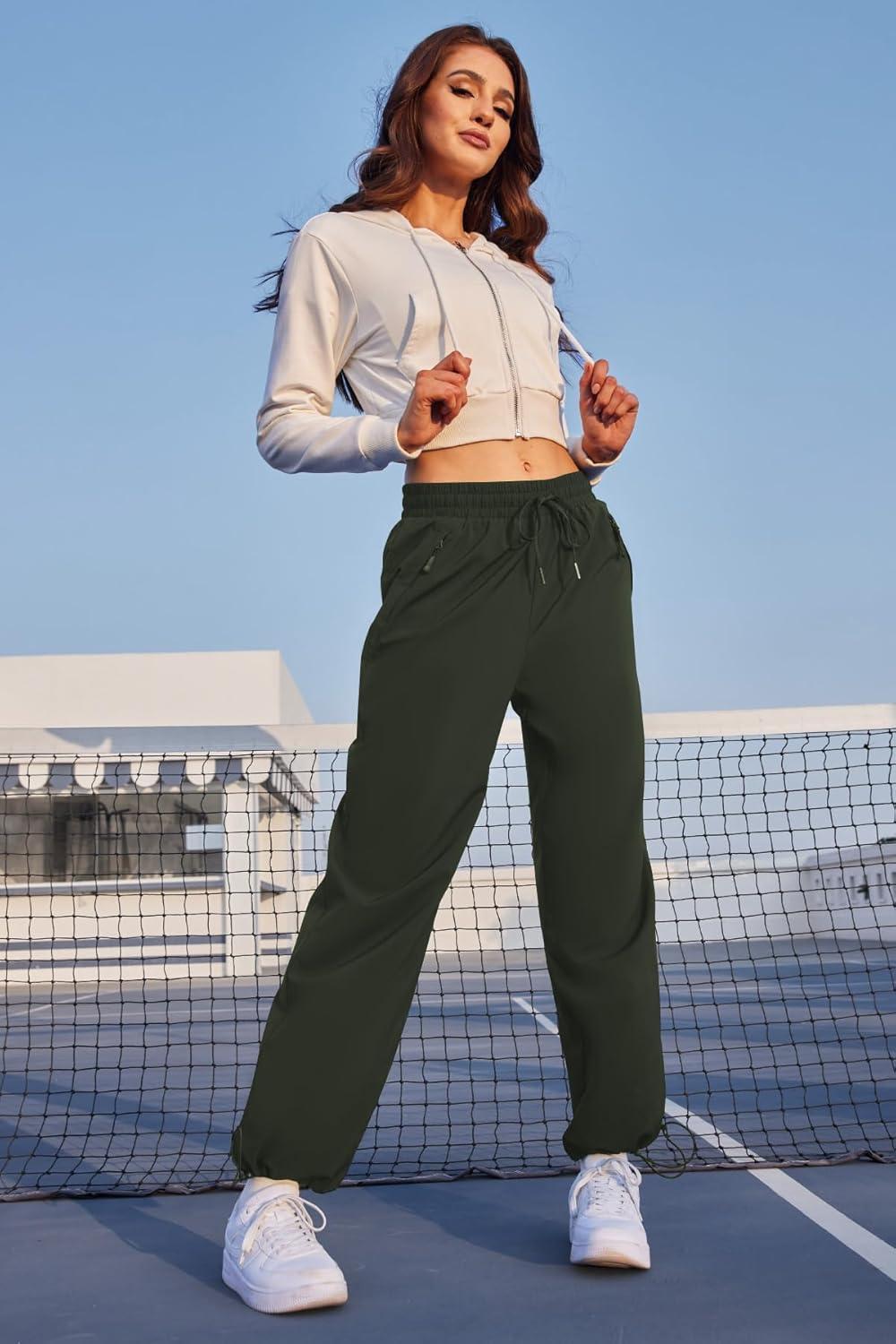 imageWomens Athletic Hiking Pants Lightweight Quick Dry Water Resistant Elastic Waist Cargo Pants with Zipper PocketsArmy Green