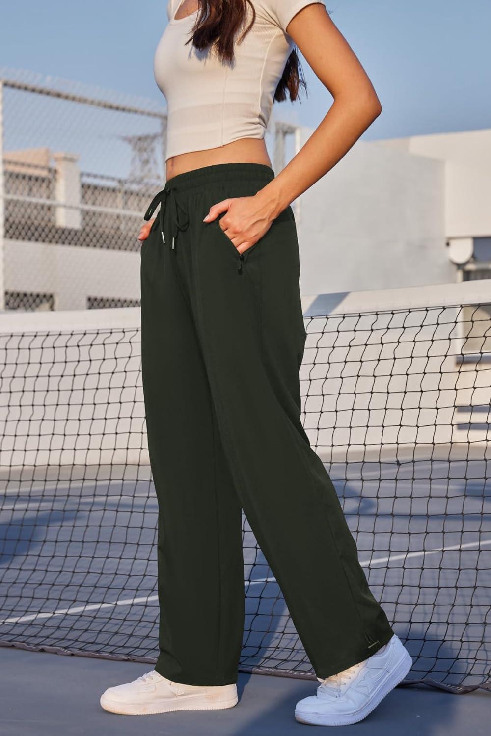 imageWomens Athletic Hiking Pants Lightweight Quick Dry Water Resistant Elastic Waist Cargo Pants with Zipper PocketsArmy Green