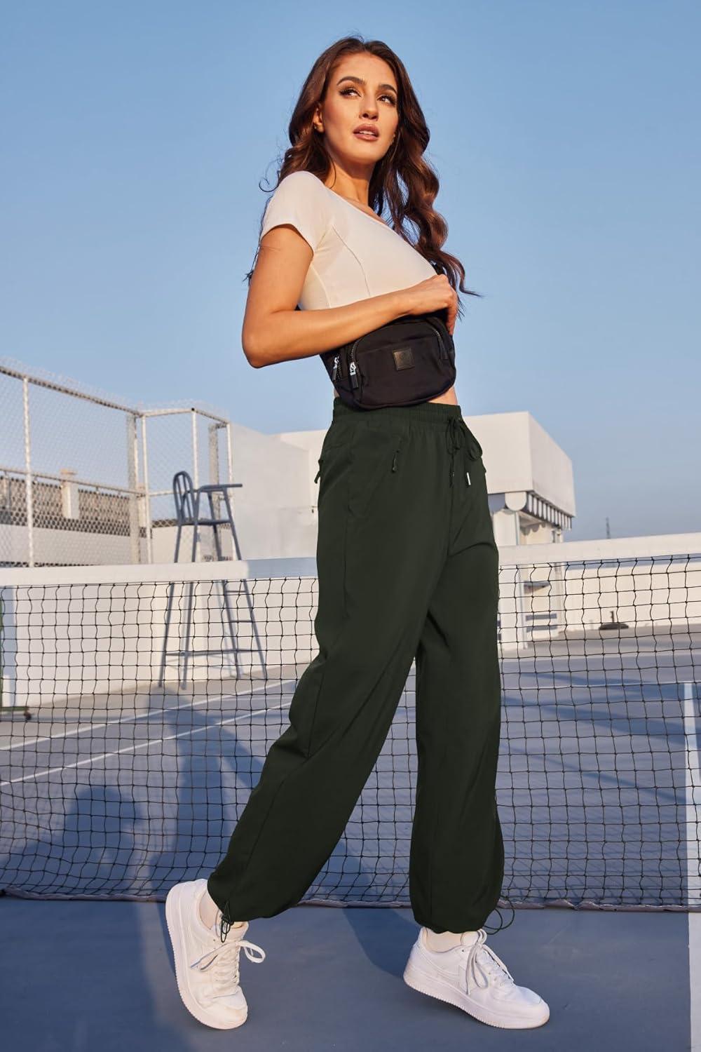 imageWomens Athletic Hiking Pants Lightweight Quick Dry Water Resistant Elastic Waist Cargo Pants with Zipper PocketsArmy Green
