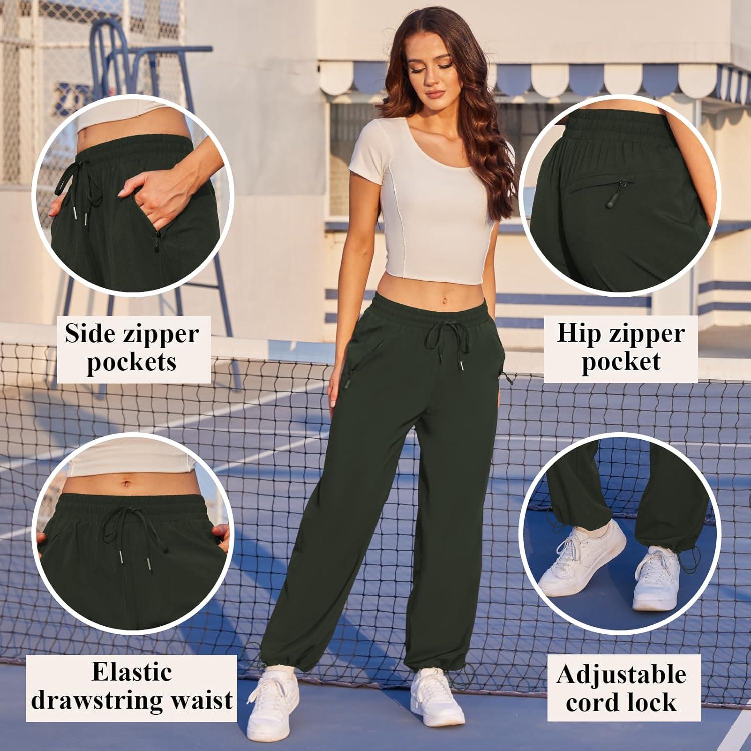 imageWomens Athletic Hiking Pants Lightweight Quick Dry Water Resistant Elastic Waist Cargo Pants with Zipper PocketsArmy Green