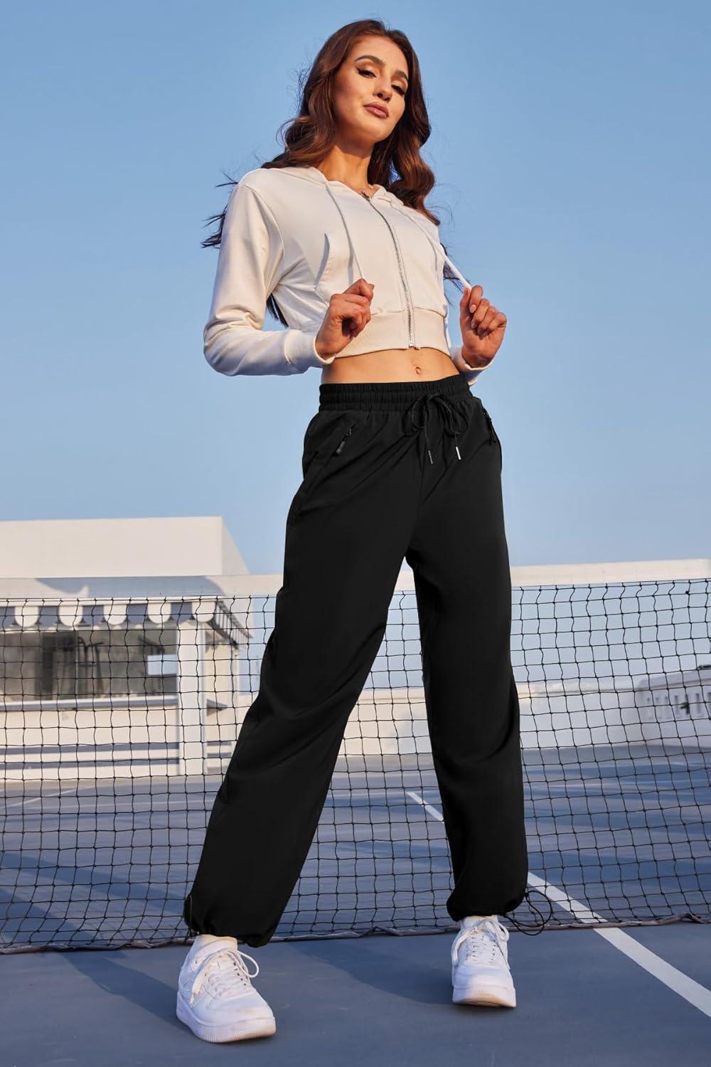 imageWomens Athletic Hiking Pants Lightweight Quick Dry Water Resistant Elastic Waist Cargo Pants with Zipper PocketsBlack