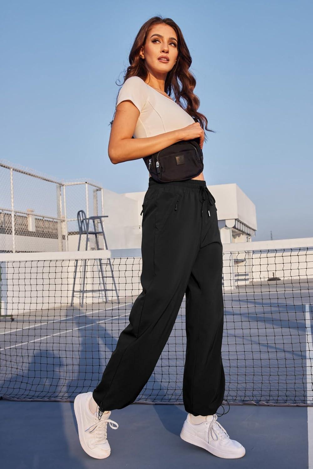 imageWomens Athletic Hiking Pants Lightweight Quick Dry Water Resistant Elastic Waist Cargo Pants with Zipper PocketsBlack