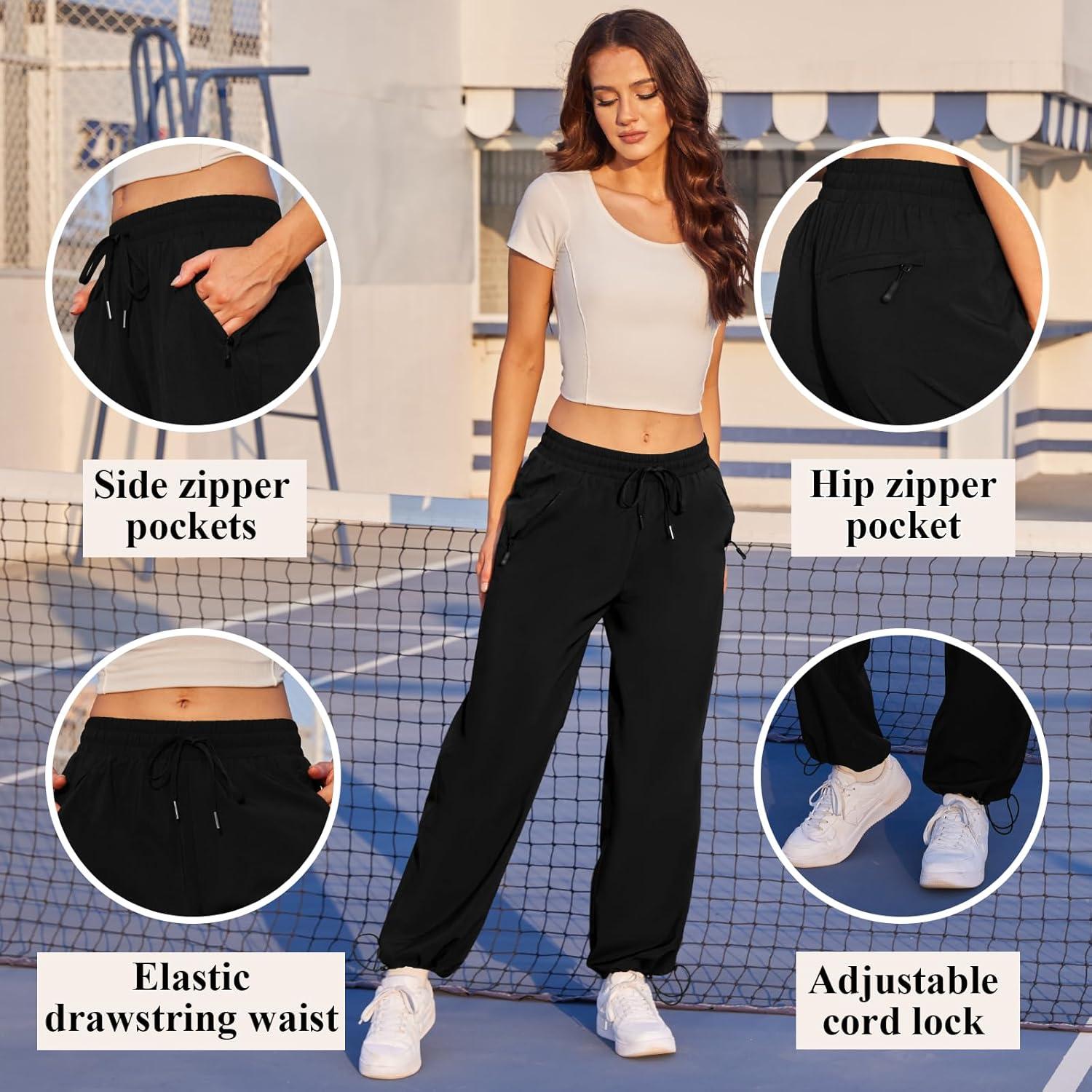 imageWomens Athletic Hiking Pants Lightweight Quick Dry Water Resistant Elastic Waist Cargo Pants with Zipper PocketsBlack