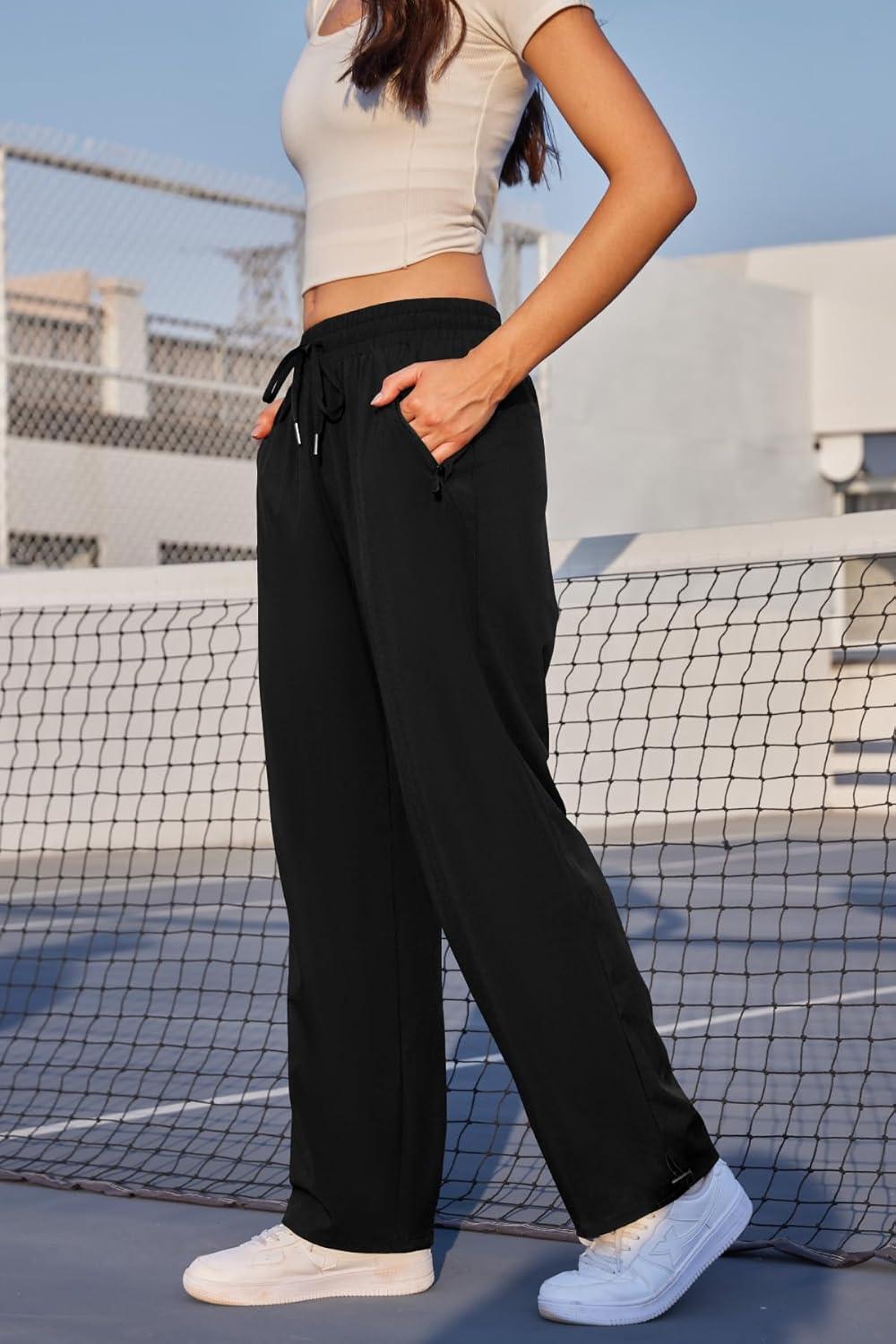 imageWomens Athletic Hiking Pants Lightweight Quick Dry Water Resistant Elastic Waist Cargo Pants with Zipper PocketsBlack
