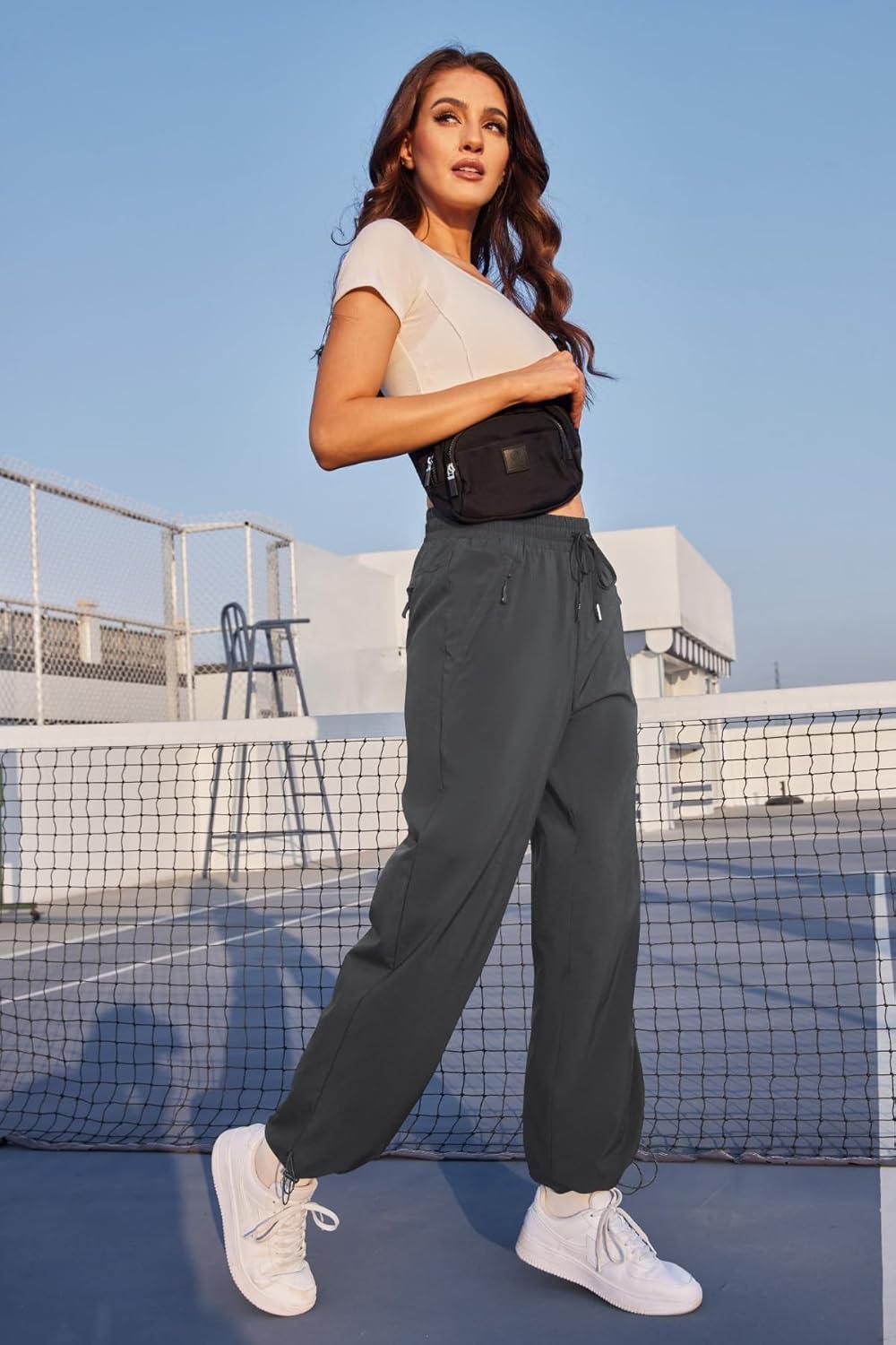 imageWomens Athletic Hiking Pants Lightweight Quick Dry Water Resistant Elastic Waist Cargo Pants with Zipper PocketsGrey