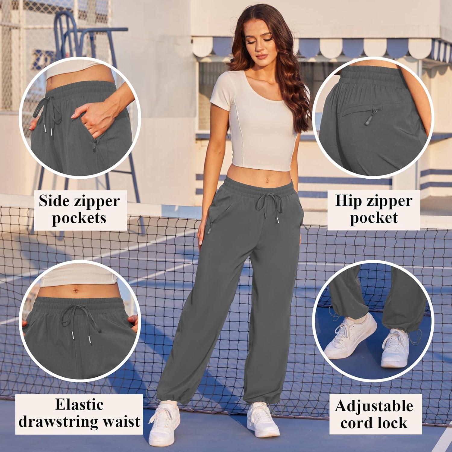 imageWomens Athletic Hiking Pants Lightweight Quick Dry Water Resistant Elastic Waist Cargo Pants with Zipper PocketsGrey