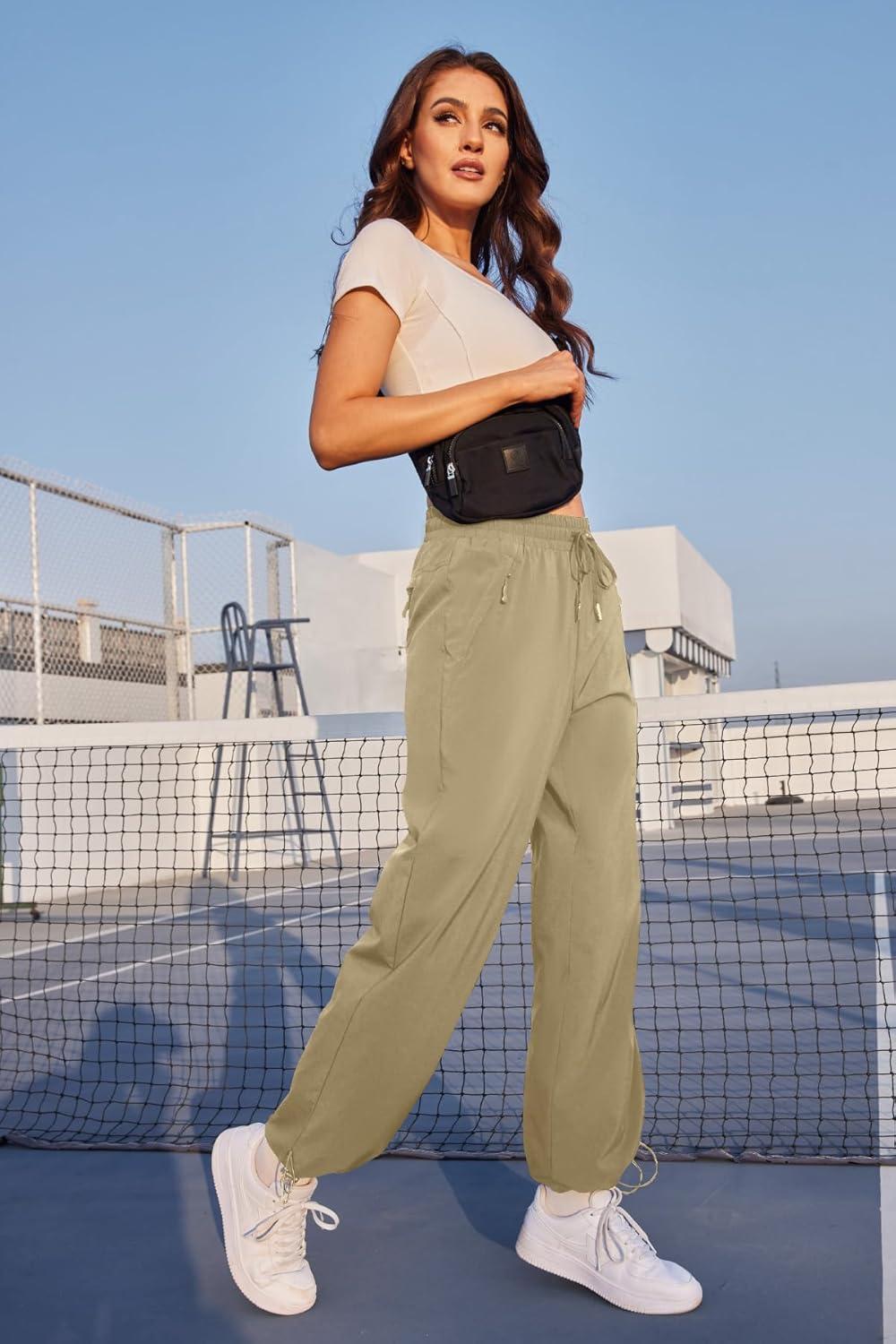 imageWomens Athletic Hiking Pants Lightweight Quick Dry Water Resistant Elastic Waist Cargo Pants with Zipper PocketsKhaki